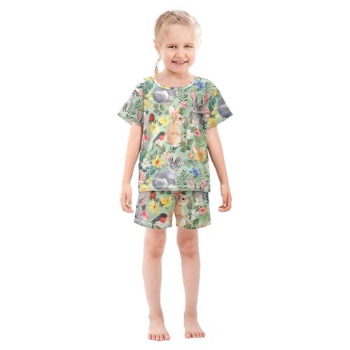 ALAZA Animal Bird Rabbit Blossom Pajamas Short Sleeve 2 Piece Sleepwear Top and Bottom Pajama Set Unisex3