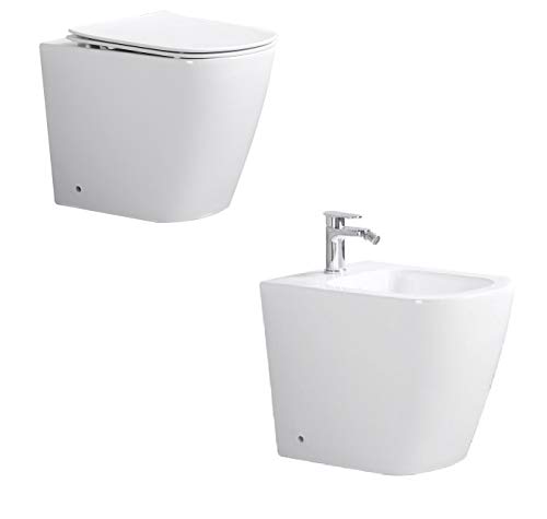 DESIGN MODERNO E MINIMALE MOON Coppia Sanitari A Terra Dimensioni ridotte 51,5 cm, Rimless Senza Brida Coprivaso Soft-Close Incluso, set completo, curva tecnica inclusa