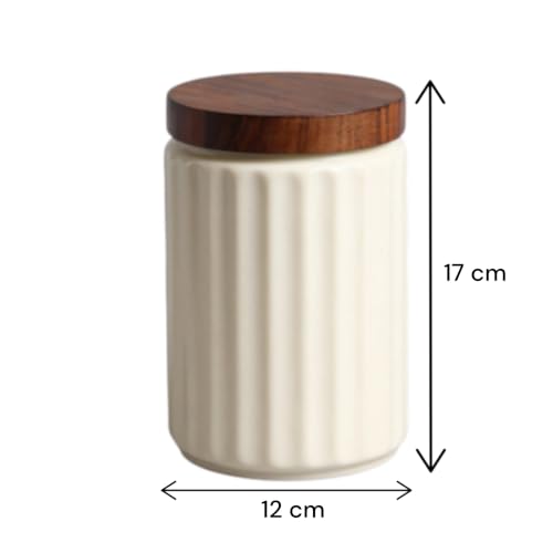 Image of 'Classic White Line' Airtight Ceramic Jar - 100ml Each - Wooden Lid - Kitchen Containers for Sugar, Tea, Salt, Pickles, Pulses & More (While Lines)