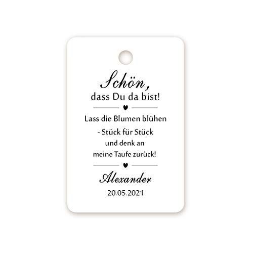 50 PERSONALISIERT Geschenkanhänger Tags Papieranhänger Gastgeschenke Etiketten Schön, dass Du da bist! zur Hochzeit Taufe Kommunion Konfirmation Taufe Geburtstag Blumensamen - Tag 063