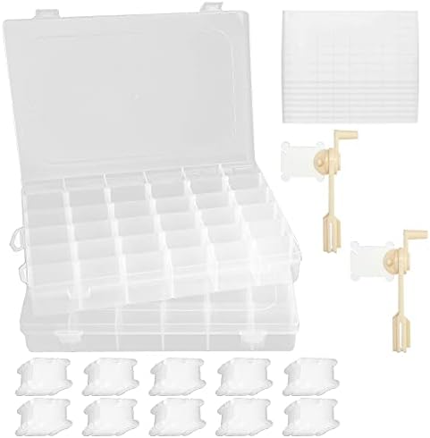 2PCS 36 Grids Clear Embroidery Floss Organizer Box with Adjustable Dividers, Plastic Embroidery Thread Box with 200 Plastic Floss bobbins & 2 Bobbin Winder and 8 Dots Blank Stickers