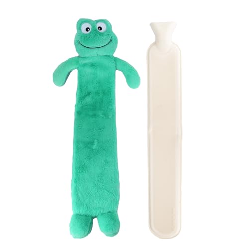 Long Hot Water Bottle with Cover 2L Large Hot Water Bottles with Warmer Soft Fleece Extra Long Rubber Hot Water Bag with Zipper Cover for Back Neck Shoulder and Period Pain Relief Frog