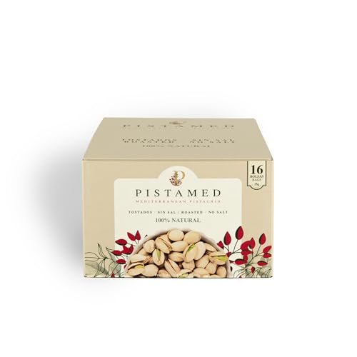 PISTAMED - Pistachos con Cáscara Sin Sal Tostados Artesanalmente - Alto Contenido en Fibra - Apto Veganos y Sin Gluten - Pack 16 x 35 g Formato Individual - Origen España - Snack Natural
