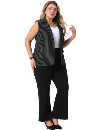 Agnes Orinda Plus Size Sleeveless Blazer Vest for Women Lapel V Neck Stripes Button Up Work Office Suit Vests3