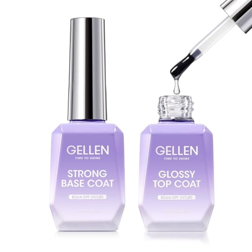 Gellen Base Coat and Top Coat 18ml*2 Soak off Clear Gel Nail Polish, Professional Strong Base Coat Glossy Shine Top UV/LED Long Lasting Nail Kit for DIY at Home Salon Use