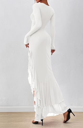 BTFBM Women's Maxi Dresses Fall 2025 Long Sleeve Ruched Bodycon Solid Ruffle Mermaid Cocktail Wedding Guest Dress