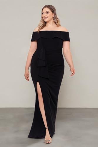 Image of Xscape Women's Plus Size Off Shoulder Straight Neck Evening Gown with Foldover Cuff, Side Ruffle, Leg Slit, Fitted Formal Dress, Black, 14W