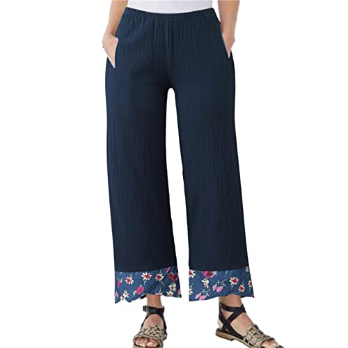 ZHINIAN Pantalon d'été pour femme - Imprimé floral - Jambe large - En coton et lin - Léger - Taille élastique - Décontracté - Baggy - Pantalon de plage, noir foncé, M Cover