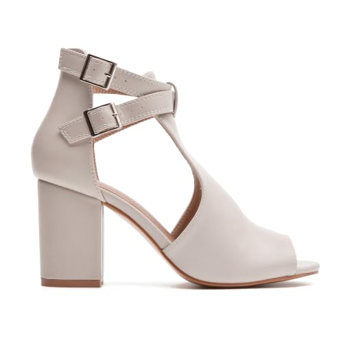 Image of Women's Peep Toe Sandals Side Cutout Chunky high Heel Adjustable Buckle | Summer booties, dressy, breathable, stacked, wide footbed, non-slip, ankle strap, all-day comfort, for parties, casual, work