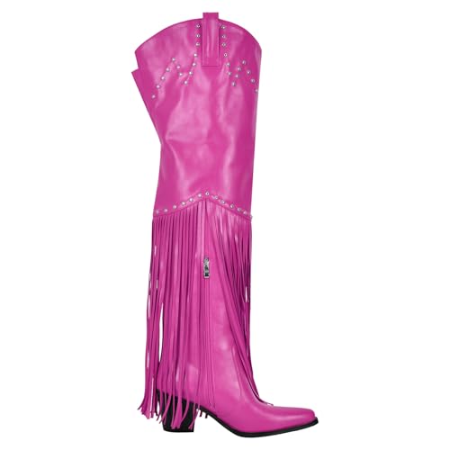 Image of richealnini Western Thigh High Cowboy Boots with Fringe Over Knee Wide Calf Cowgirl Boots