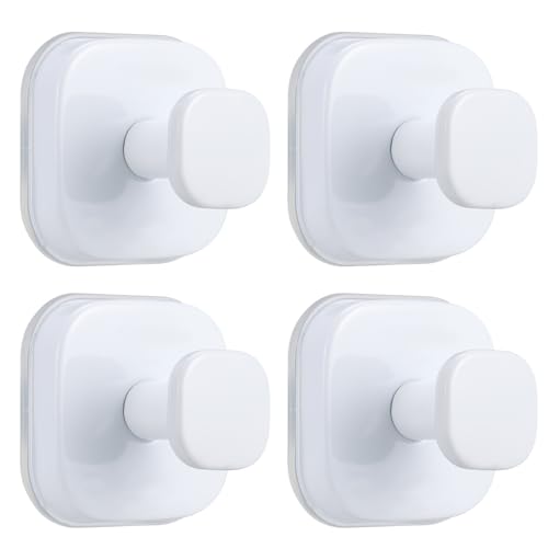 Image of No-Drill Reusable Suction Cup Hooks, Towel, Robe, Loofah, Coat Hook for Glass, Mirror, Tile, Shower, Bathroom, Kitchen & Metal (Smooth, Non-Porous Surfaces) (4, White)