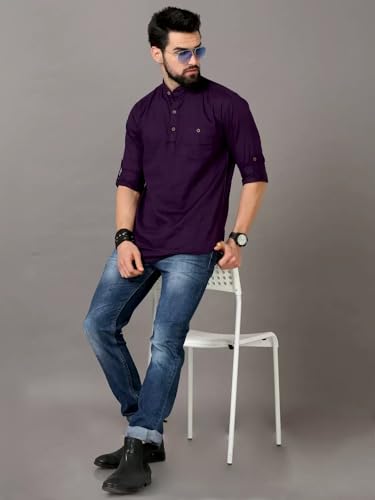 Image of DEEMOON Men's Cotton Blend Full Sleeve Short Kurta with Mandarin Collar Crafted from a Premium Cotton Blend