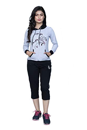 Image of Women's Embroidered /Printed Cotton Hooded Full Sleeve Grey Top and Black Capri Set (Medium)