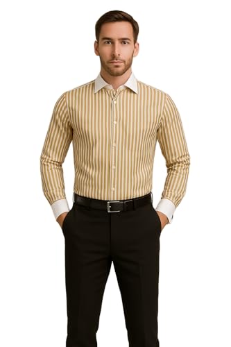 Image of Men's Premium Cotton Formal Dress Shirt - White Collar & French Cuffs with Cufflinks | Solid White, Micro Check & Striped for Office, Wedding