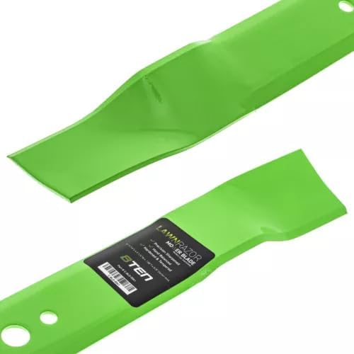 A single green mulching mower blade, showing its curved design and a product label.