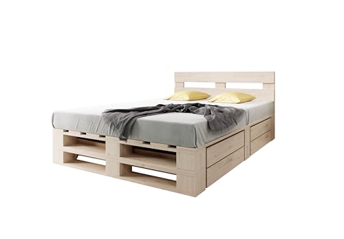Lermowood Palettenbett M2 aus Holz 140 x 200 cm Natur mit Kopfteil und 2 Bettkästen Holzbett 40cm Stabiles Seniorenbett Kinderbett Jugendbett...