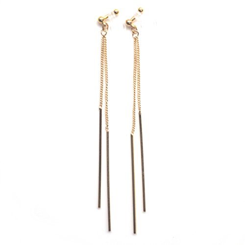 Miyabi Grace Womenâ€™s Simple Long Chain Invisible Clip On Earrings Dangle Bar Gold tone Silver tone (Gold)
