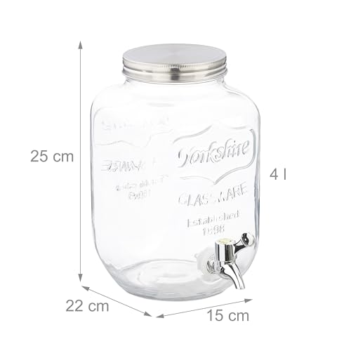 Relaxdays Getränkespender 2er Set, Limobehälter 4L, Zapfhahn und Deckel, Wasserspender, Glas & Kunststoff, transparent