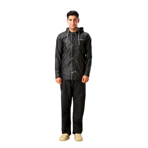 Image of ZEEL Rain Coat For Men with Adjustable Hood, Polyester Waterproof Full Sleeves Raincoat, Top and Bottom Set Rainwear, Front Zip with Flap, Lightweight Raincoat (EWF74, Black, L)
