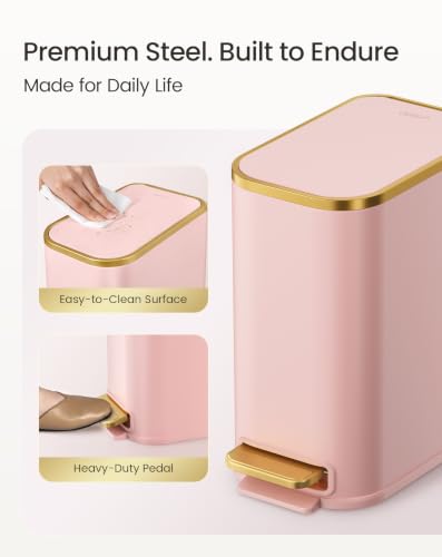 Image of Cesun Small Bathroom Trash Can with Gold Grimmed Lid & Pedal, 1.3Gal, Pink