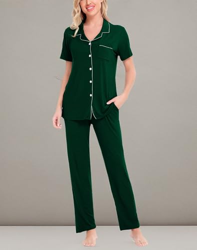 Image of SWOMOG Women Pajama Sets Two-Piece Nightwear Short Sleeve Sleepwear Button Down Pj Lounge Sets with Long Pants