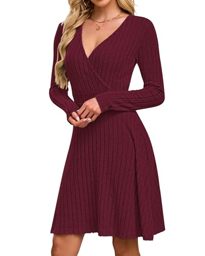 AUSELILY Womens Fall Dress 2025 V Neck Long Sleeve Dresses A Line Wrap Knit Dress4