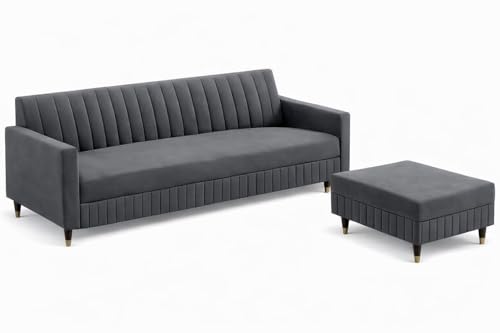 Image of Wooden L Shape Sofa 4 Seater with Ottoman | Velvet Fabric Upholstery | Modern Sectional Wooden Frame Couch for Living Room, Home & Office (Grey)