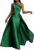 Emerald Green Satin Formal Dress for Women One Shoulder Sleeveless Mermaid Floor Length Evening Prom Gowns with Overskirt US 8