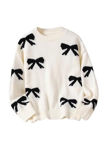 Girl's Cute Bow Sweater Crew Neck Long Sleeve Drop Shoulder Loose Pullover Tops