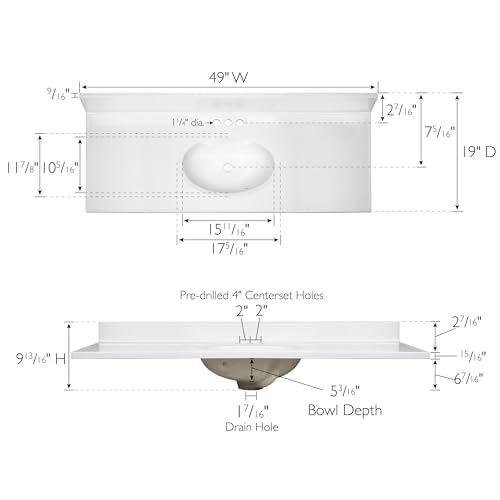 Image of Design House Cultured Marble Vanity Top, 49 in W x 19 in D, Integrated 4 in Centerset Oval Sink & Backsplash, Solid White, 586214