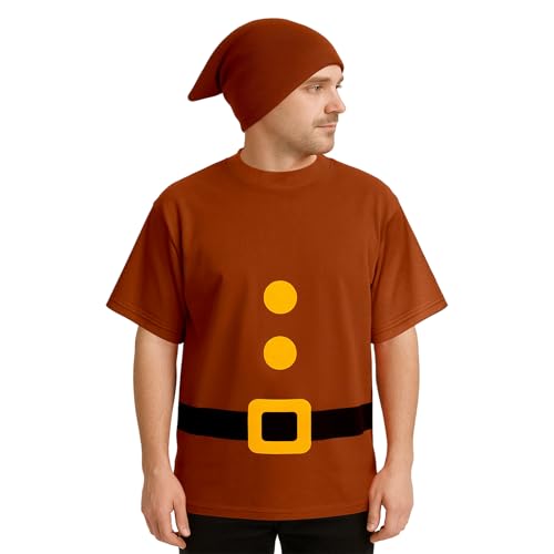 Cotwinter 1 Set Dwarf Gnome Costumes Dwarf T Shirt with Beanies Hats for Halloween Fancy Adult Party Costume Cosplay(Brown M)