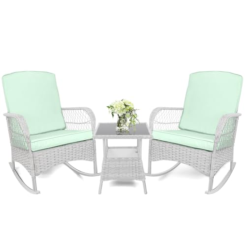 LEVELEVE 3 pcs Rocking Bistro Set Conversation Chairs PE Wicker Outdoor Rocking Chairs & Glass Table,for Porch Lawn Garden Backyard Deck(Rocking Set,Light Mint)
