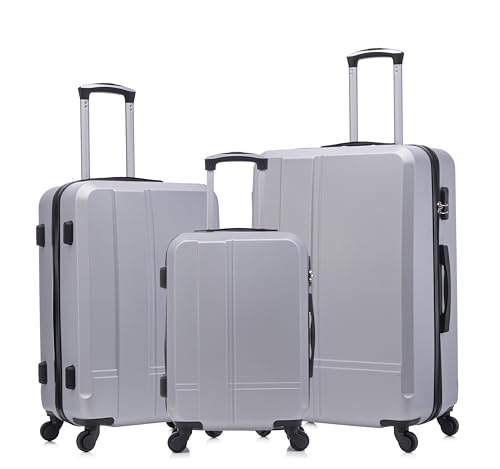 Luggage 3 Piece Sets ABS Durable Lightweight Suitcase Sets with Hooks Spinner Wheels TSA Lock,Black(20in/24in/28in) (silver gray)