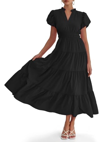 Wenrine Womens Summer Midi Dress Puff Short Sleeve V Neck Flowy Tiered Beach A-Line Dresses