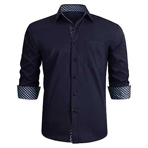 HISDERN Camicia Elegante Blu Navy Camicia Classica da Uomo con Colletto Casual Formale abbottonata Camicie Regular Fit Manica Lunga Scozzese