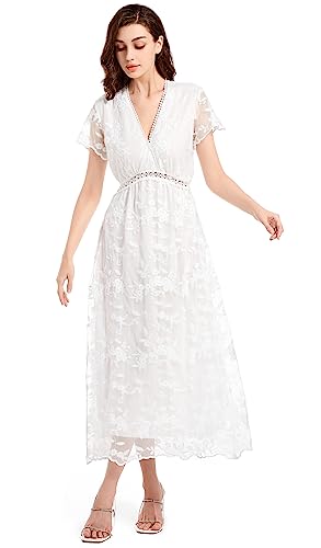 BOUTIKS Blumenspitze Hochzeitskleid für Damen mit Kurzen Ärmeln, Tiefer V-Ausschnitt Maxikleid, Cocktail und Abendkleid Weiß für Brautjungfern und Partys, M
