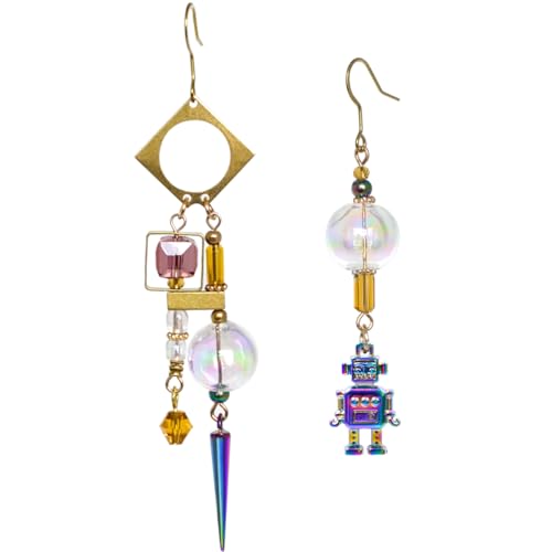 Steampunk Asymmetrical Industrial Robot Mismatched Glass Ball Dangle Earrings for Women Jewelry