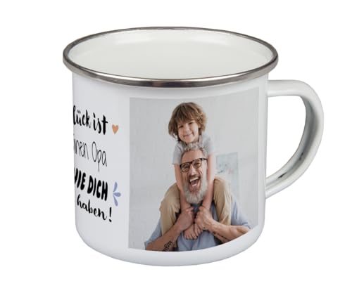 ORWO – 300 ml Emaille-Tasse bedrucken und mit Foto personalisieren | robuste Blechtasse | Emaille-Becher mit Namen | hochwertiger Druck: handmade in Germany (Glück ist)