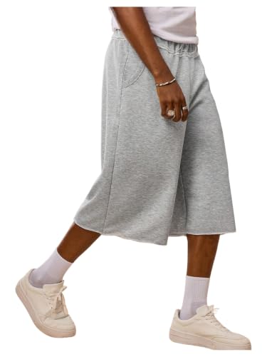 OYOANGLE Mens Baggy Long Sweat Shorts Loose Gym Jorts Basketball Athletic Cropped Capri Shorts with Pockets Grey Large