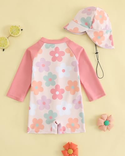 UV Kleidung Baby Badeanzug mit Hut Gr 62-98, Langarm UV Schutzkleidung Schwimmanzug Baby Mädchen Junge, Kleinkind Einteiliger UV Badebekleidung Shirt, Orange Blume 1-2 Jahre/80-86