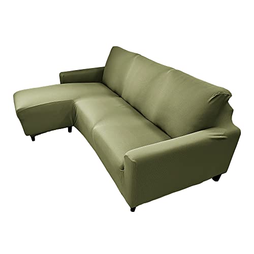 gaufre ソファーカバー L字ソファーカバー カウチ ソフアーカバー 3人 肘付き かけるだけ 2人掛け 3人掛け 伸縮素材 ストレッチ 2way生地 ゴーフル ワッフル 有 ソファカバー 高見え 肘かけあり 北欧風 三人 (右用, ダークグリーン【L字 DGN】)