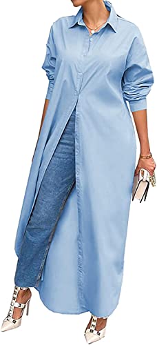 Robe chemise bleue boutonnée à manches longues et col en V pour femme en taille S