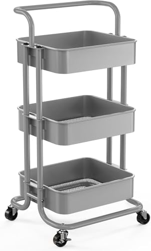 Image of Pipishell 3 Tier Mesh Utility Cart, Rolling Metal Organization Cart with Handle and Lockable Wheels, Multifunctional Storage Shelves for Kitchen Living Room Office Grey