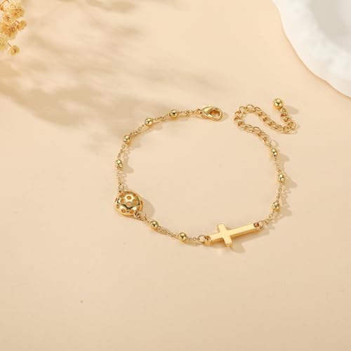 Image of Softball /Volleyball /Soccer /Basketball Football Bracelet for Girls Women, 14K Gold Plated Cross Link Chain Sport Accessories Christian Jewelry Gifts for Teens Team Coach Players