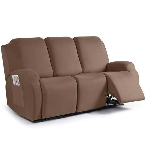 Image of TAOCOCO Recliner Sofa Slipcover, 3 Pieces Polyester Fabric Stretch Sofa Covers for 3 Seat Reclining Couch, Soft Washable Furniture Protector with Pockets (3 Seat, Light Coffee)