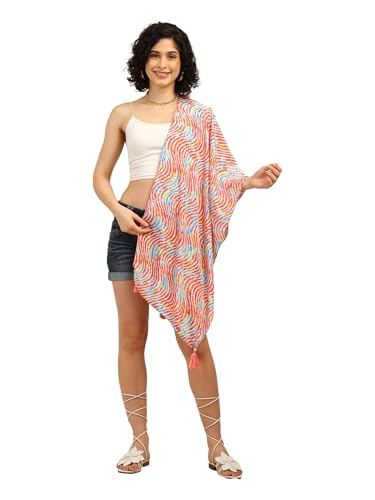 Image of KE KANHA EXPORTS Scarf for Women Boho | Border Print Stylish | Stole for Women Breathable Summer Beach Wrap with Tassels | Multicolour |180 x 50 cm FREE Scrunchie Included