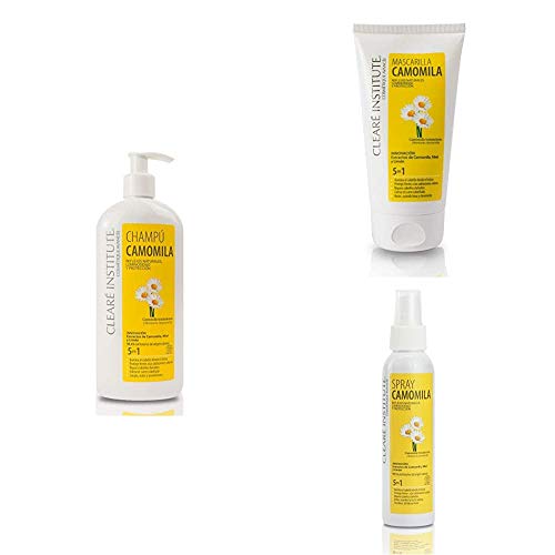 Clearé Institute - Champú Camomila + Mascarilla Camomila + Spray Camomila, Reflejos Dorados y Luminosos, 440ml + 150ml + 125ml