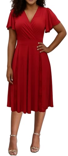 Image of Womens Red Cocktail Prom Dresses 2025 Summer Sexy V Neck Lace Maternity Clothes Formal Wrap Wedding Guest Bridesmaid Midi Dress,Small