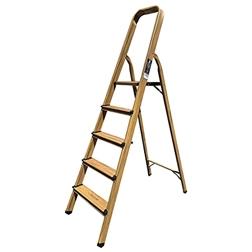 KELI - Escabeau Domestique, Marchepied, Fabriqué en Aluminium Finition Bois (Chêne Naturel) (5 Marches (Hauteur de Travail 2,47))