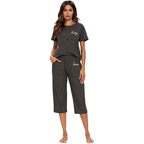 GOSO Women Pyjamas Set-Ladies Short Sleeve Pyjamas Set Top and Capri Pants Round Collar Nightwear Soft Pjs Cover